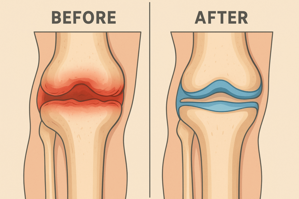 Joint Genesis Review 2025 - Medical illustration showing inflamed stiff joints before and smooth, lubricated joints after using Joint Genesis supplement.
