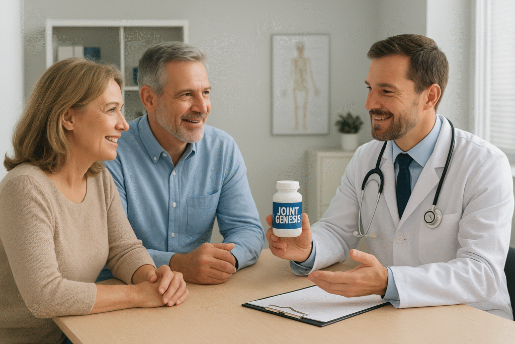 Joint Genesis Review 2025 - Friendly doctor consulting a middle-aged couple in a clinic about joint health supplements.