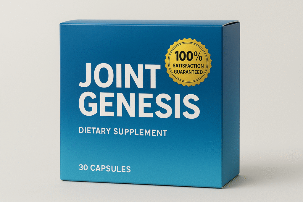 Joint Genesis Review 2025 - Joint Genesis product box with a golden “100% satisfaction guaranteed” badge displayed on the packaging.