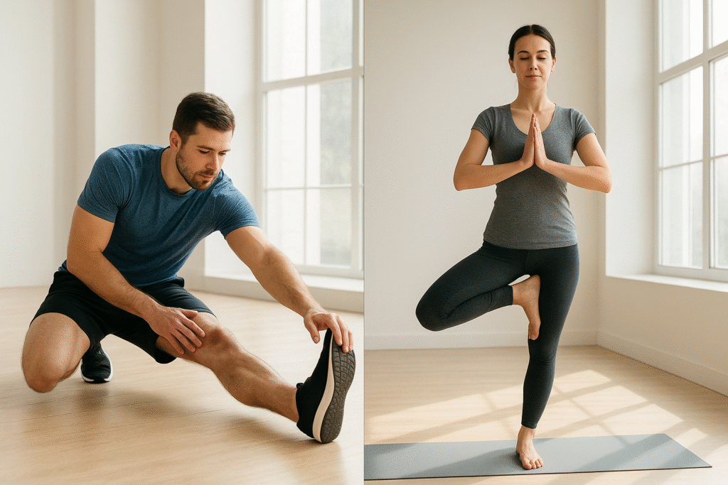 Stretching vs. yoga flexibility comparison – person doing hamstring stretch vs yoga tree pose for flexibility