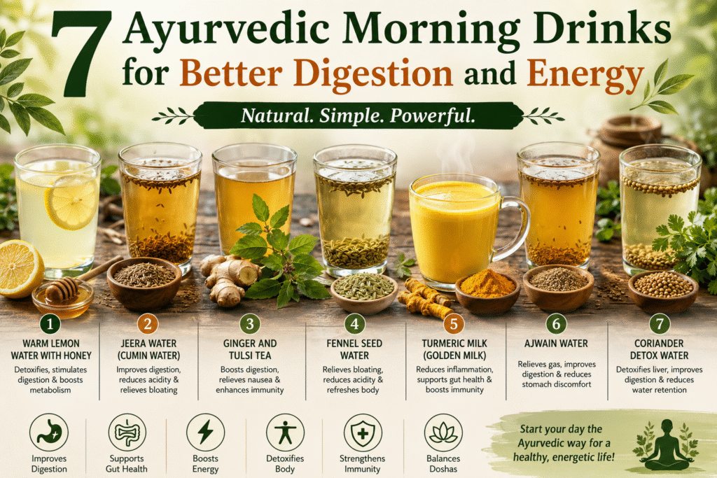 Healthy Ayurvedic morning drinks for digestion and energy made with ginger, turmeric, lemon, cumin, and tulsi