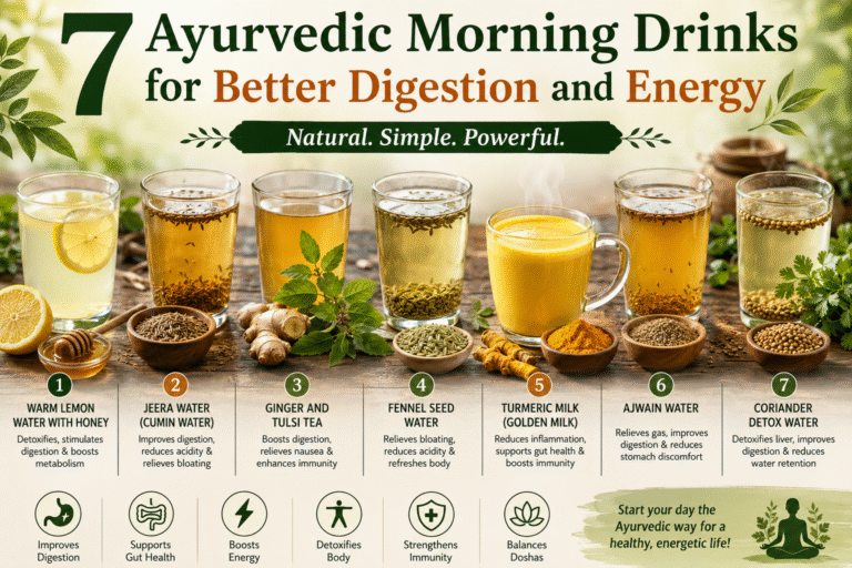Healthy Ayurvedic morning drinks for digestion and energy made with ginger, turmeric, lemon, cumin, and tulsi