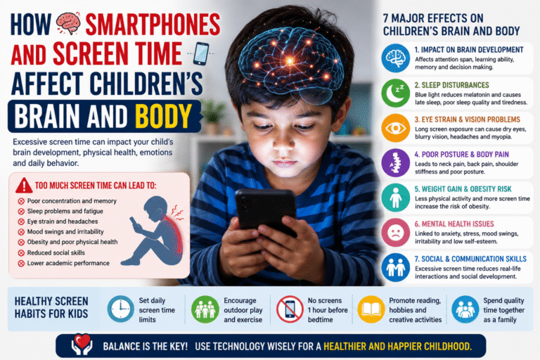 Child using smartphone in dark room showing harmful effects of excessive screen time on brain and eyes