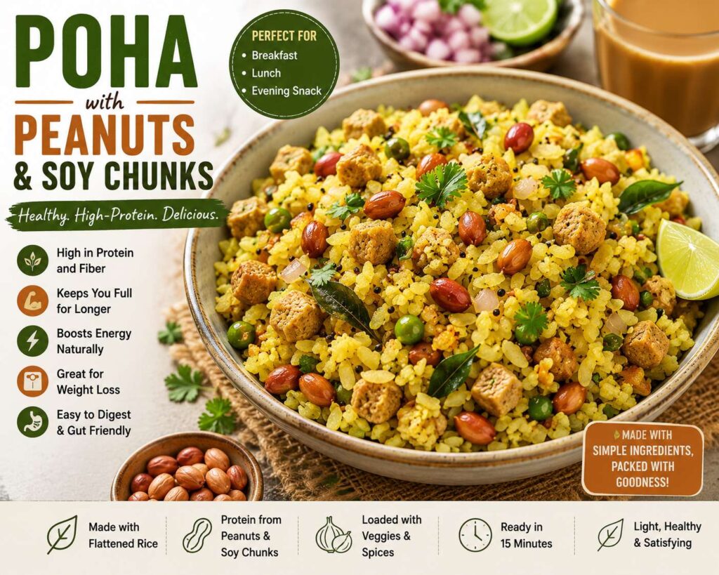 Poha with Peanuts and Soy Chunks