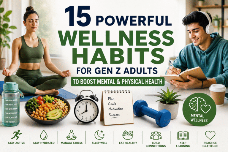 Young Gen Z adults practicing healthy wellness habits like yoga, hydration, meditation, healthy eating, exercise, and journaling