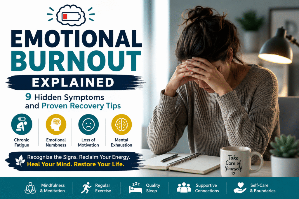Person sitting alone looking exhausted and overwhelmed, representing emotional burnout symptoms and mental exhaustion.