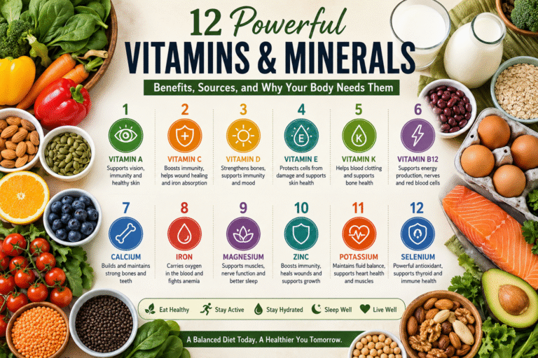 Various vitamin-rich fruits, vegetables, nuts, dairy products, and healthy foods representing essential vitamins and minerals for overall health.
